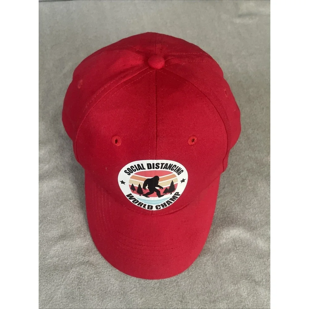 Bigfoot Squatch Social Distancing Red Hat One‎ Size Most Cotton 6 Panel Cap
